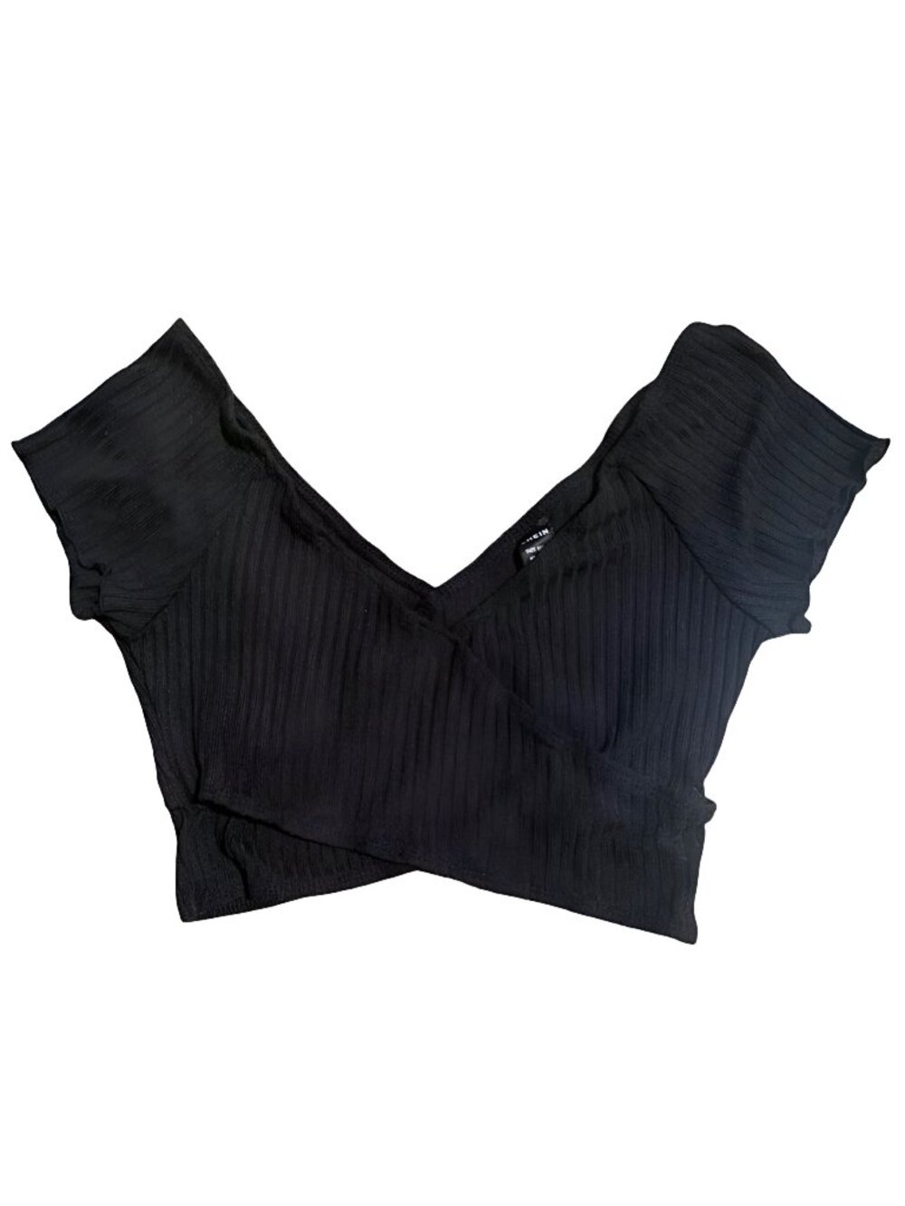 Shein Size XS Black Ribbed Cross Wrap Short Sleeve Cropped Shirt